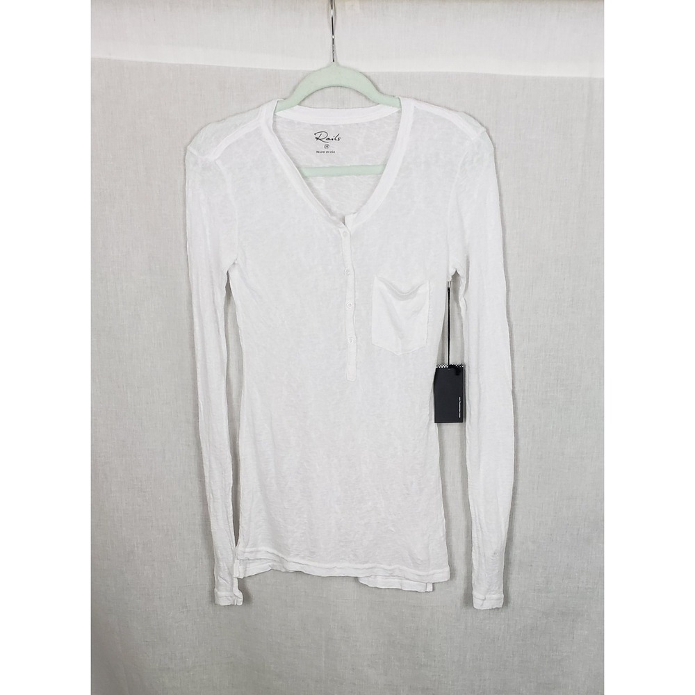 Rails Womens White‎ Long Sleeve Henley Top V-Neck Pocket Slub Knit M Casual